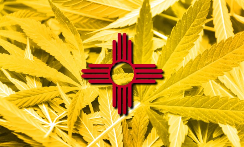 New Mexico State Flag on cannabis background.
