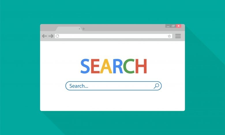 Simple browser window on blue background. Browser search. Vector stock illustration.