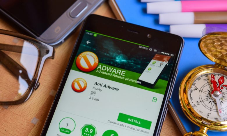 BEKASI, WEST JAVA, INDONESIA. SEPTEMBER 2, 2018 : Anti Adware dev app on Smartphone screen. Anti Adware is a freeware web browser developed by Keerby