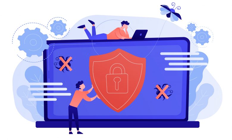 A man before laptop with shield and lock on the screen. Anti virus software, anti-malware, spyware, trojan, adware as internet security concept. Violet palette. Pink coral blue vector illustration on