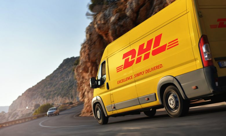 Kas / Turkey - 10.08.18: DHL (Dalsey, Hillblom and Lynn) delivery van speeding by countryside
