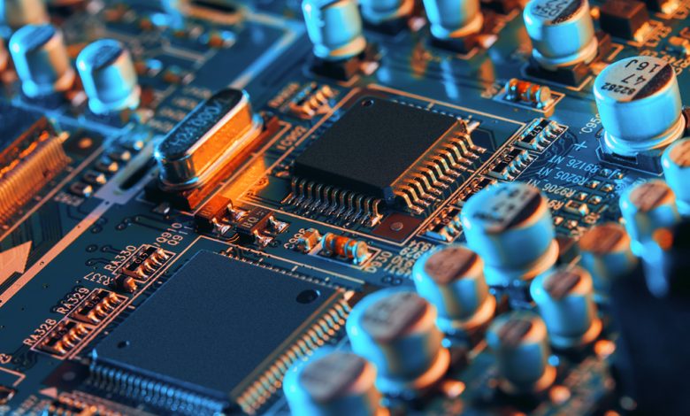 Electronic circuit board close up.