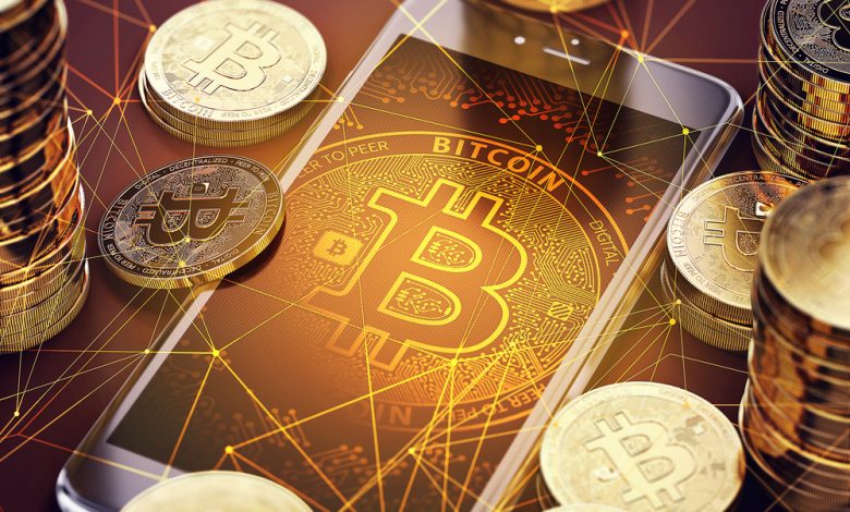 Smartphone with Bitcoin on-screen among piles of Bitcoins. Bitcoin in danger concept. 3D rendering