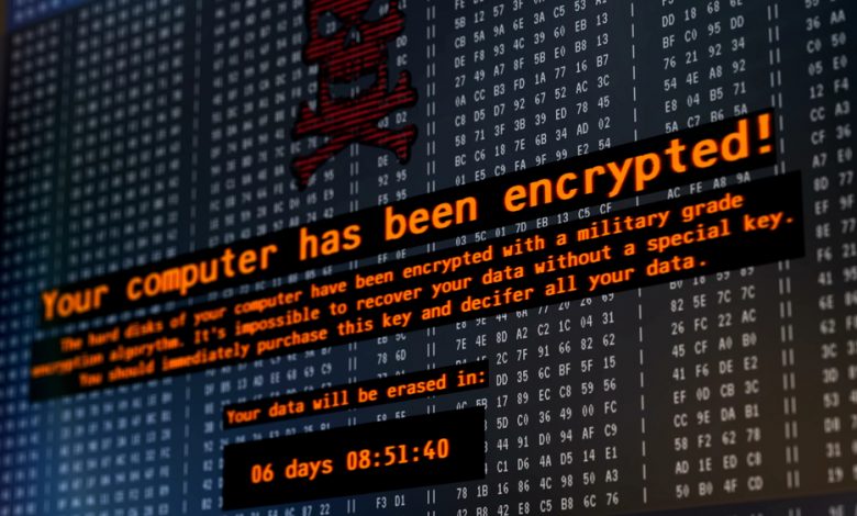 Petya cyber attack, warning message on computer screen, hackers encrypting data