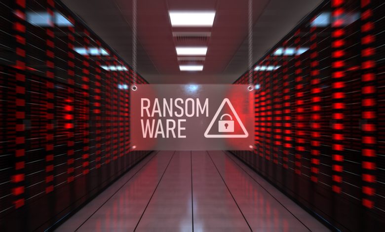 Ransomware alert in the data center. 3d illustration.