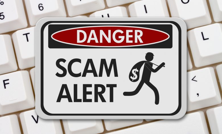 Scam alert danger sign, A black and white danger sign with text Scam Alert and theft icon on a keyboard 3D Illustration