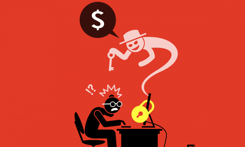Ransomware locking a computer and asking for money. Artwork illustration depicts Internet ransomware, virus, security breached and computer data locked by cyber syndicate criminal.