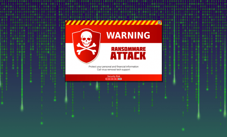 Alert message of virus detected. Ransomware attack, identifying computer virus inside binary code of matrix. Template for concept of security, programming and hacking, decryption and encryption.