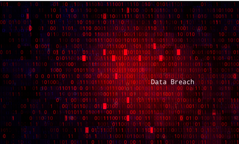 Red BG with Binary Code Numbers. Data Breach
