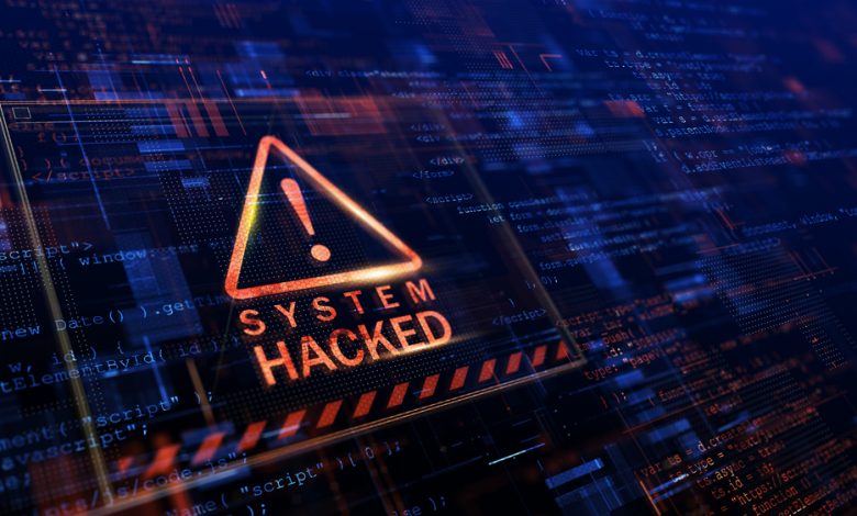 Warning of a system hacked. Virus, cyber attack, malware concept. 3d rendering.