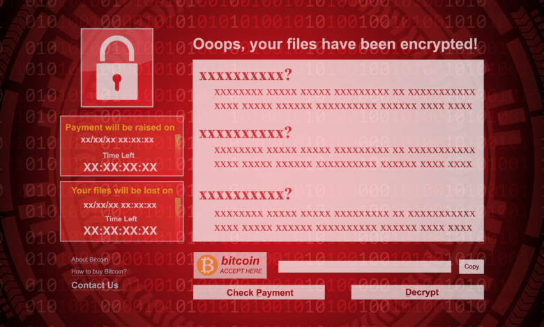 Malware Ransomware wannacry virus encrypted files and show massage for bitcon payment on binary code and gear background. Vector illustration cybercrime and cyber security concept.