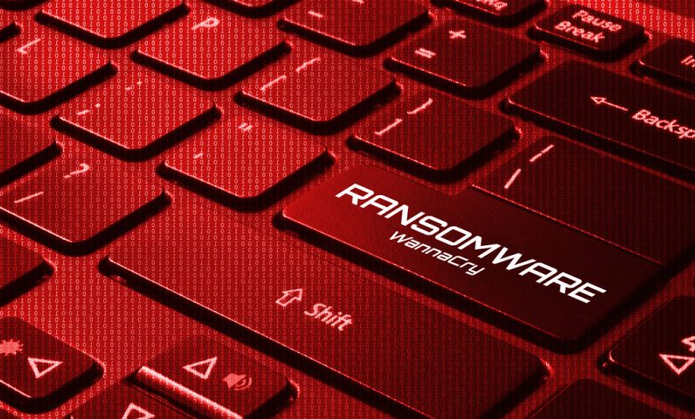 Keyboard with red back light and word RANSOMWARE - WannaCry