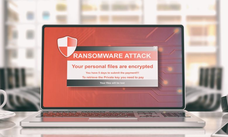 Antivirus, security concept. Ransomware virus alert on a computer laptop screen, blur office background. 3d illustration