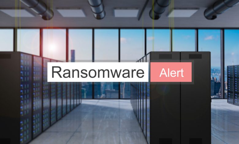 ransomware alert red search bar large modern server room skyline view, 3D Illustration