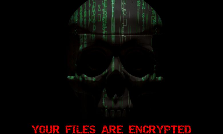 Warning message of a detected ransomware attack. Template for the concept of security, programming and hacking. Abstract digital skull wallpaper. 3D Rendering and 3D Illustration
