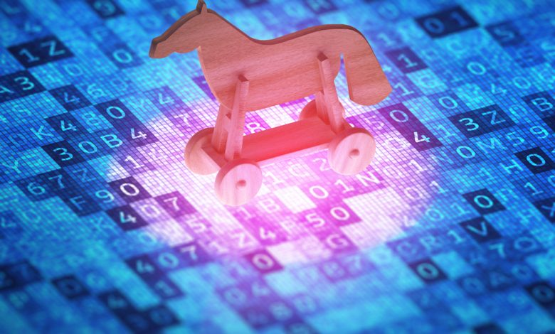 Cyber security concept. Toy horse on a digital screen, symbolizes the attack of the Trojan virus. 3D illustration.