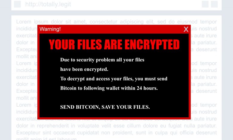 Ransomware message - encrypted files ransom. Vector illustration of ransomware danger concept.