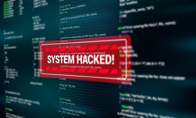 System hacked, warning alert message on screen of hacking attack, vector. Spyware or malware virus detected warning red message window on computer display, internet cyber security and data fraud