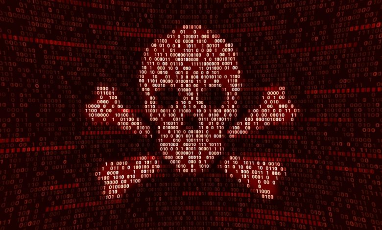 Computer server got attacked with malware by hacker, binary death skull symbol alert screen in network data security system, futuristic digital server cybersecurity threats 3D illustration