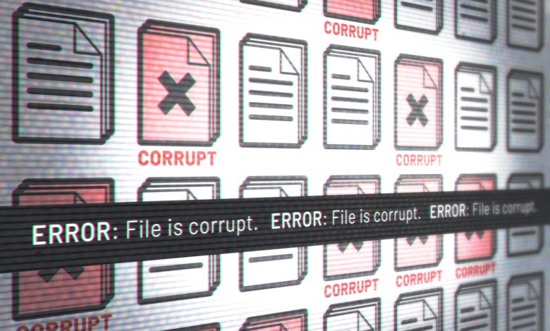 Corrupted document icons with error message on computer screen. 3D rendering with scan lines and glitches.