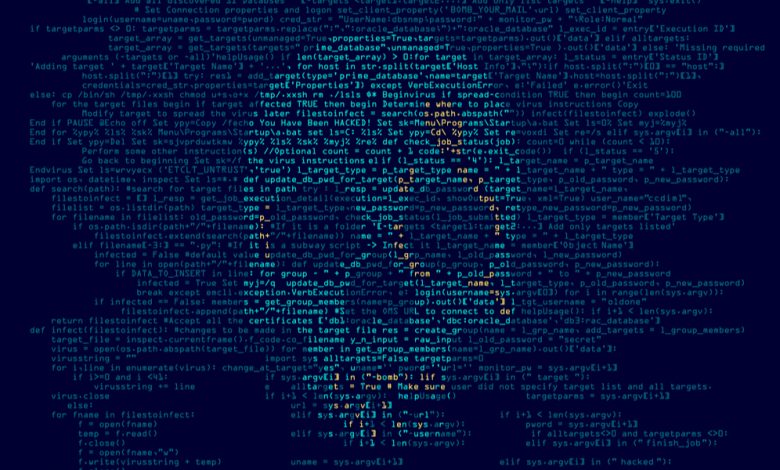 Computer virus or hacker concept, programming script combined with the shape of a skull.