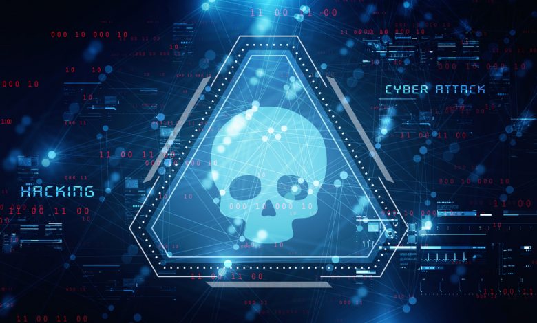 2d rendering Digital skull and crossbones on binary code.