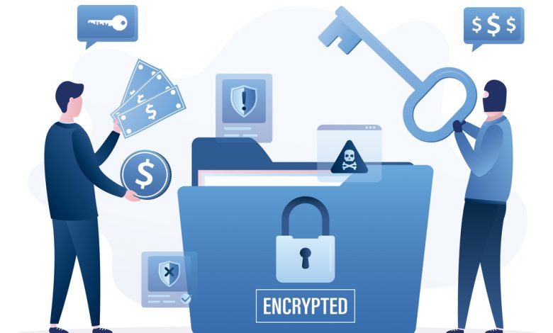 Ransomware, concept. Hacker anonymous holds key and demands money.