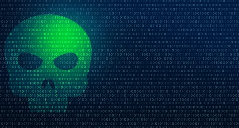 Human skull in digital background. Cybercrime and internet privacy hacking concept.